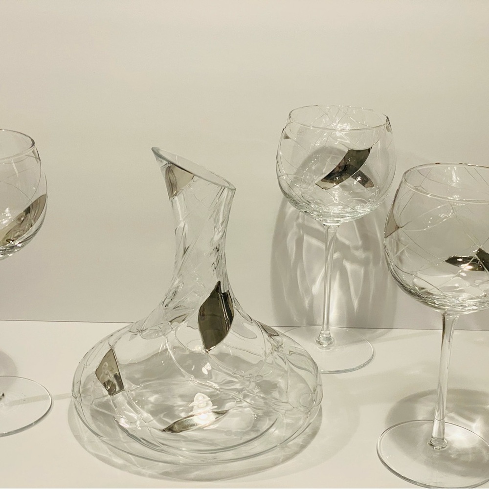 Vintage Crystal Romanian 24K Stain Glass Wine Decanter & 3 Glasses Set